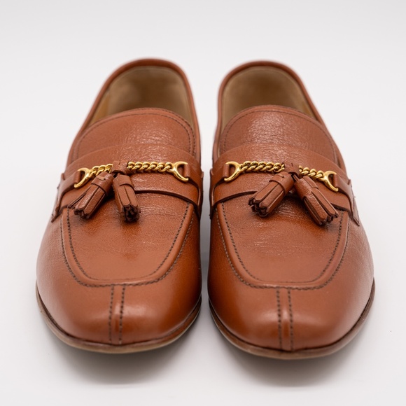size 8.5 Bally Tan Saily Cuero Goat Grained Leather Gold Chain Tassel Loafers main image 11
